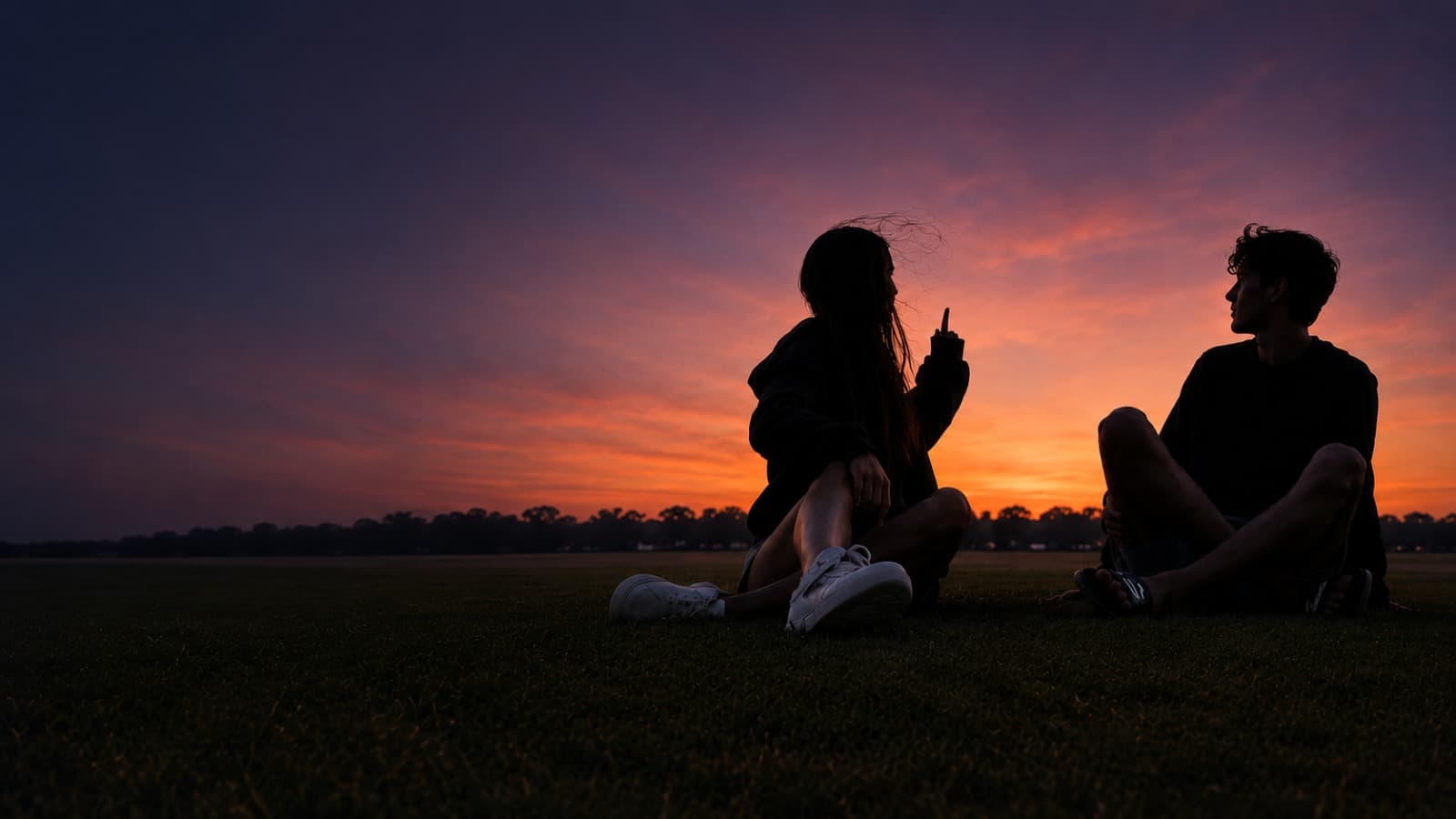 Two people having a meaningful conversation at sunset